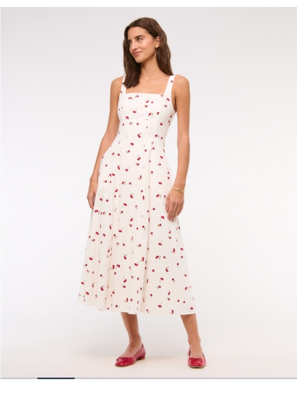 Abercrombie & Fitch Cream Midi Dress with Red Cherry Print